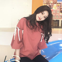 Hong Kong style retro bestie chic installed BF Korean couple in the wind long T-shirt Short Sleeve Blouse Shirt female tide S 806 red bean paste [not] not fade pilling quality