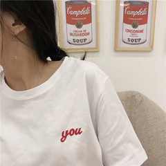 Girl dress simple red letters all-match Xiang embroidery round neck T-shirt lovers bestie a student leisure jacket F Red letter YOU