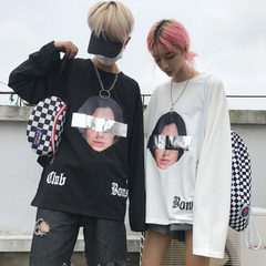 South Korea INS with BF radiation strip head wind Harajuku letters long sleeved T-shirt loose couple shirt for men and women section M Beige
