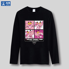 Korean Ulzzang Pink Panther autumn T-Shirt Size BF cotton long sleeved loose wind couples dress for men and women S (less than 105 kg) Black - square Panther
