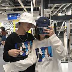 South Korea ulzzang Harajuku cartoon characters stamp size wind loose coat primer couple long sleeved t-shirt men and women M black