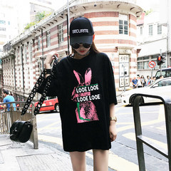 The United States and the United States 2017 summer new letters animal print couples five sleeve t-shirt t-shirt dress trend of Korean F Black spot!