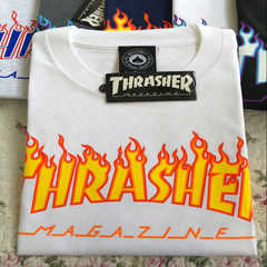 Genuine beauty spot tide skateboard brand Thrasher classic flame t-shirt men and women casual couples dress S White yellow fire