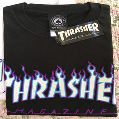 Genuine beauty spot tide skateboard brand Thrasher classic flame t-shirt men and women casual couples dress S Black ice fire