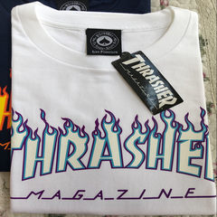 Genuine beauty spot tide skateboard brand Thrasher classic flame t-shirt men and women casual couples dress S White ice fire