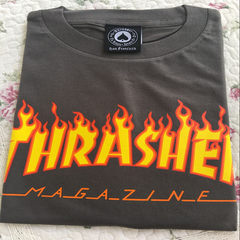 Genuine beauty spot tide skateboard brand Thrasher classic flame t-shirt men and women casual couples dress S Charcoal yellow fire