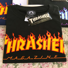 Genuine beauty spot tide skateboard brand Thrasher classic flame t-shirt men and women casual couples dress S Black yellow fire