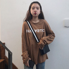 The autumn wind before and after the Korean women's Harajuku lovers' letters loose long sleeved T-shirt jacket shirt tide F Khaki