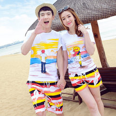 The beach summer beach resort honeymoon couples dress suit travel wedding qlz short sleeved T-shirt dry beach pants Remarks on the number of free collocation Orange white figure.