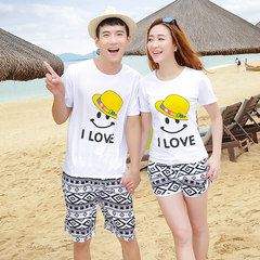 The beach summer beach resort honeymoon couples dress suit travel wedding qlz short sleeved T-shirt dry beach pants Remarks on the number of free collocation Small yellow black and white diamond lattice.