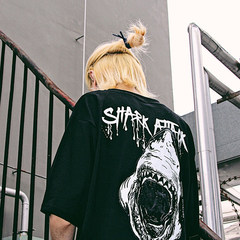 South Korea ulzzang BF Harajuku summer wind loose T-shirt short sleeved T-shirt and a couple of shark mouth stamp coat M black