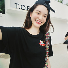 Zhang Yi jupevendue2017 new female short sleeved T-shirt Korean female summer pops embroidery scheming couple T S Black