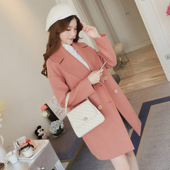 New small double breasted wool coat, long loose slim suit collar woolen coat tide S Coral