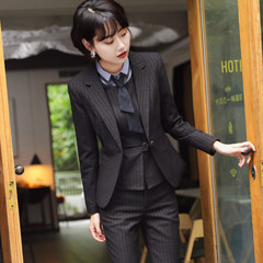 Striped suit, women's suit, business suit, work clothes, interview with OL long sleeved career suit, tooling autumn S Black five piece suit (with white shirt)