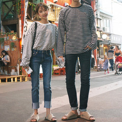 Long sleeve shirt female Korean Ulzzang college students all-match autumn wind loose BF couples dress striped shirt F black