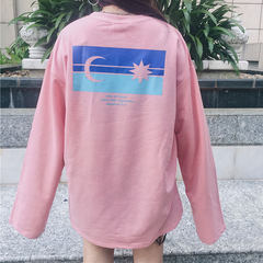 The girl with a trendsetter ins vitality Cherry Pink Moon Star stamp sweater loose students long sleeved T-shirt lovers M Pink
