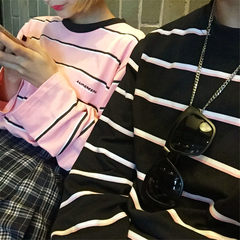 South Korea INS with BF wind Harajuku Pinstripe loose coat primer code alphabet couple long sleeved t-shirt men and women M Pink