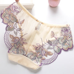 The colorful summer sexy underwear lace embroidery gauze female large transparent code low speed dry cotton crotch briefs Xl. 95-105 hips Skin colour