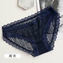 A thin section of fine gauze lace underwear sexy female hollow thin transparent low waist briefs Ms. summer girl M (80-120 Jin) Tibet Navy