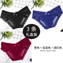 3 female sexy lace underwear boxed waist thin and transparent gauze seamless triangle underpants cotton crotch XXL [140-160 Jin] Black + Blue + Red Wine