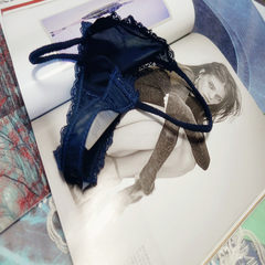 Sexy underwear lady silk seamless transparent thin silk milk white black lace briefs waist strap S 8, deep blue tee