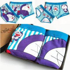 Over 2 pieces of clothes lovely cartoon couple underwear men boxer female cotton underwear triangle creative personality (boxed) L Mens code + female size NK01- blue jingle