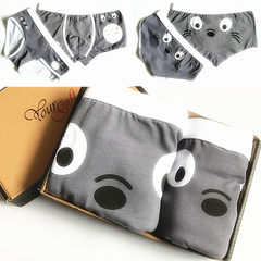 Over 2 pieces of clothes lovely cartoon couple underwear men boxer female cotton underwear triangle creative personality (boxed) L Mens code + female size Light grey