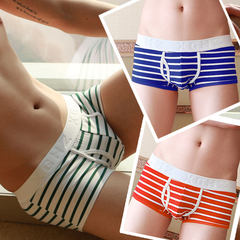 Men's underwear pants cotton striped pants four sexy young sports personality panties angle low tide L Green + Blue + Orange