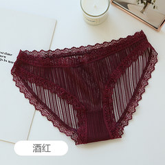 Hollow gauze underwear lace underwear sexy female cotton crotch pants waist briefs girls girls M (80-120 Jin) Claret
