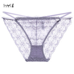 Six rabbits three send a transparent briefs bandage waist sexy ladies underwear lace female hip size M Gray purple