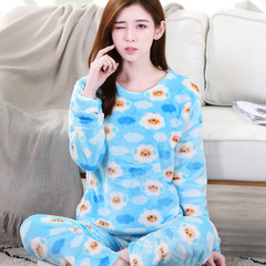 In autumn and winter. Thick Coral Fleece Pajamas long sleeved women cute cartoon size Home Furnishing Flannel Suit It is only 33.8 yuan to lose money under the collar roll D603 blue sheep