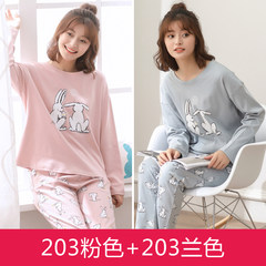 Long sleeved pajamas female in autumn and winter cotton thin sweet Korean female age Cardigan Size Home Furnishing dress suit M code (80-105 Jin) 203 pink +203 blue
