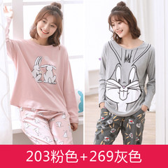 Long sleeved pajamas female in autumn and winter cotton thin sweet Korean female age Cardigan Size Home Furnishing dress suit M code (80-105 Jin) 203 pink +269 gray