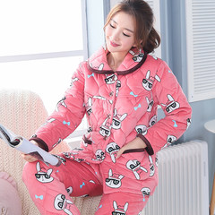 The three layer of thick winter pajamas coral velvet cotton flannel warm jacket Home Furnishing lovely long sleeved suit M [suggestion 80-100 Jin] Lilac