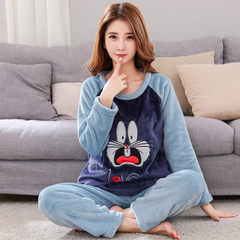 Add fat XL code coral velvet pajamas female long sleeves autumn winter fat MM flannel home suit thickening suit 200 Jin Standard XL110-120 Jin Light blue
