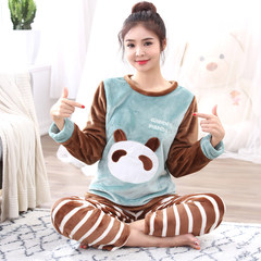 Add fat XL code coral velvet pajamas female long sleeves autumn winter fat MM flannel home suit thickening suit 200 Jin Standard XL110-120 Jin Army green