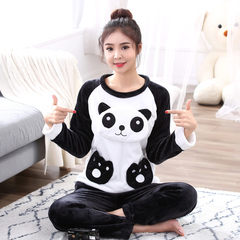 Add fat XL code coral velvet pajamas female long sleeves autumn winter fat MM flannel home suit thickening suit 200 Jin Standard XL110-120 Jin The black and white.