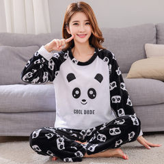 Add fat XL code coral velvet pajamas female long sleeves autumn winter fat MM flannel home suit thickening suit 200 Jin Standard XL110-120 Jin Black and white