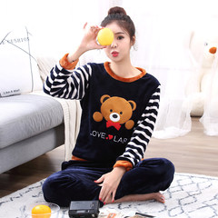 Add fat XL code coral velvet pajamas female long sleeves autumn winter fat MM flannel home suit thickening suit 200 Jin Standard XL110-120 Jin Dark blue white