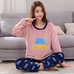 Add fat XL code coral velvet pajamas female long sleeves autumn winter fat MM flannel home suit thickening suit 200 Jin Standard XL110-120 Jin Excellent # thickened pink glasses mink cashmere