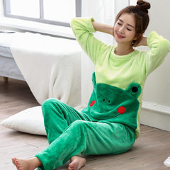Add fat XL code coral velvet pajamas female long sleeves autumn winter fat MM flannel home suit thickening suit 200 Jin Standard XL110-120 Jin Emerald green