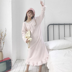 Cute Korean winter flannel Ruffle Dress thickening sleeve pajamas nightdress Home Furnishing ladies suit students F light pink