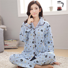 The spring and autumn female pajamas cotton long sleeved cardigan sweet lady Korean cotton thickened winter suit Home Furnishing (two sets reduced five yuan freight insurance) Lake blue