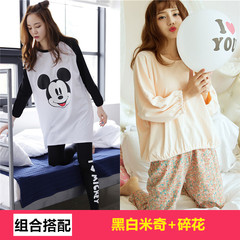 Pajamas, spring, autumn, cotton, long sleeve, Korean version, fresh students, sweet and lovely, can wear casual home clothing suits M Black and white Mickey + Suihua