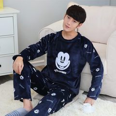Fall and winter flannel pajamas, men's fat XL, coral velvet pajamas, men's long sleeved home suits Trumpet XL (168\120 Jin) Mickey blue men