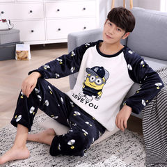 Fall and winter flannel pajamas, men's fat XL, coral velvet pajamas, men's long sleeved home suits Trumpet XL (168\120 Jin) Jeans man