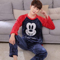 Fall and winter flannel pajamas, men's fat XL, coral velvet pajamas, men's long sleeved home suits Trumpet XL (168\120 Jin) Red and Blue Mickey