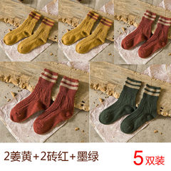 Korean winter pure cotton socks children Harajuku wind socks thickening College Japanese long piles of wool socks socks shoes Size 35-44 2 +2 brick red + Green turmeric