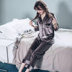 Velvet velvet pajamas, women's long sleeves, autumn and winter new edition, leisure velvet, autumn big size, men's home suit XXL (recommended 140-165 Jin) Women's - Grey