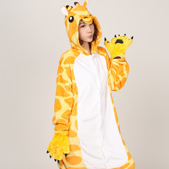 Autumn and winter thickening coral velvet big code, adult cute cartoon animal dinosaurs conjoined lovers pajamas, male and female students L (165-175) no shoes Giraffe